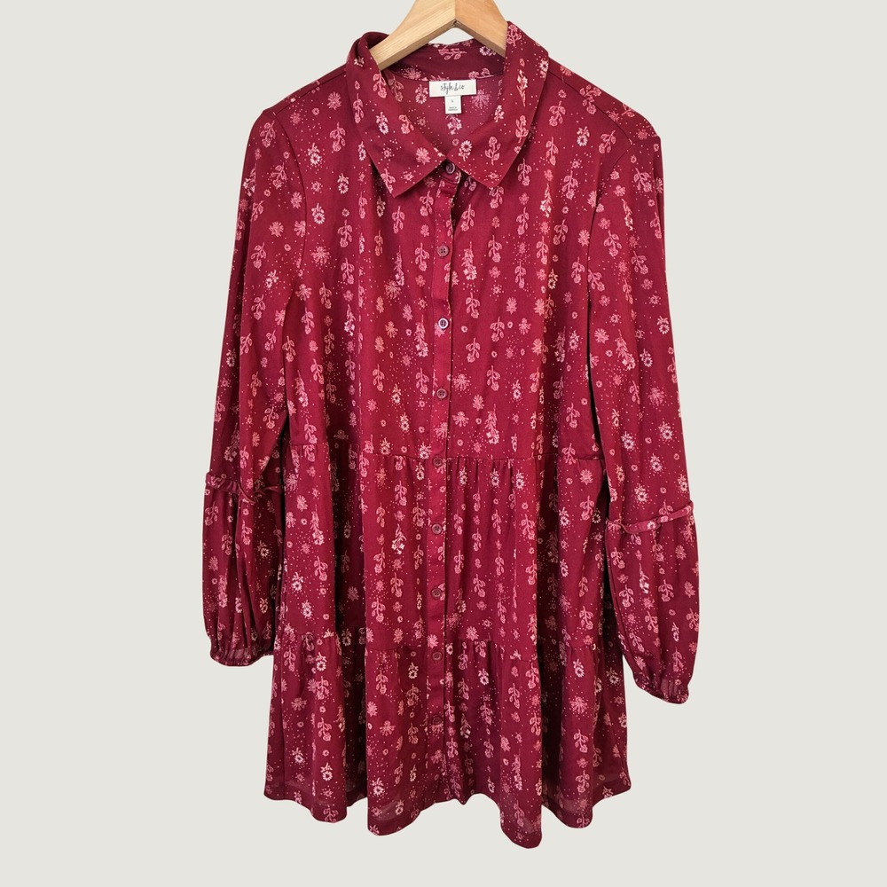 Style & Co Fall Burgundy Floral Tiered Shirt Dress Long Sleeve Button Front L